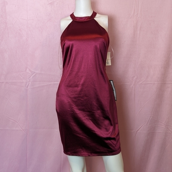 Crystal Doll Maroon Red Satin Strappy Halter Mini Bodycon Special Occasion Dress - Picture 1 of 10